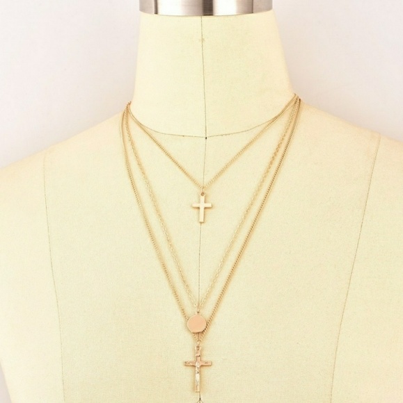 NEW Gold Tone Triple Layer Double Cross Necklace - Picture 2 of 3